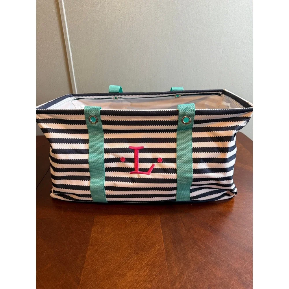 Thirty-One Large Utility Tote Navy White Nautical Stripe Teal Pink Monogram L